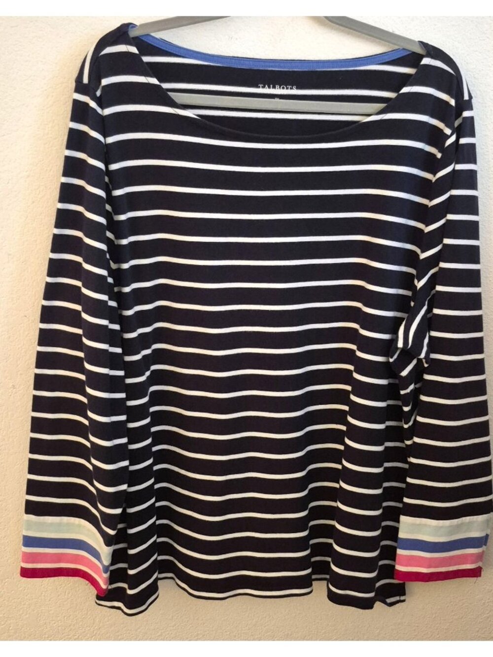 Talbots Navy and Colorful Striped 100% Cotton Long Sleeve Boat Neck Top 3X EUC